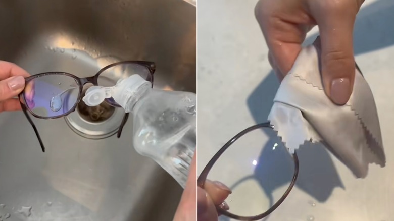 A woman cleaning her glasses with dish soap and a microfiber cloth