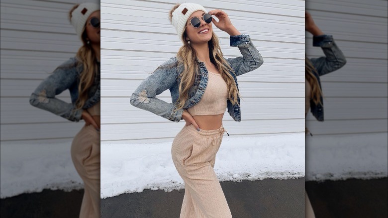 Person wearing jean jacket with matching set