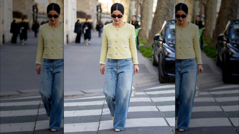 Wide-leg jeans and tweed jacket