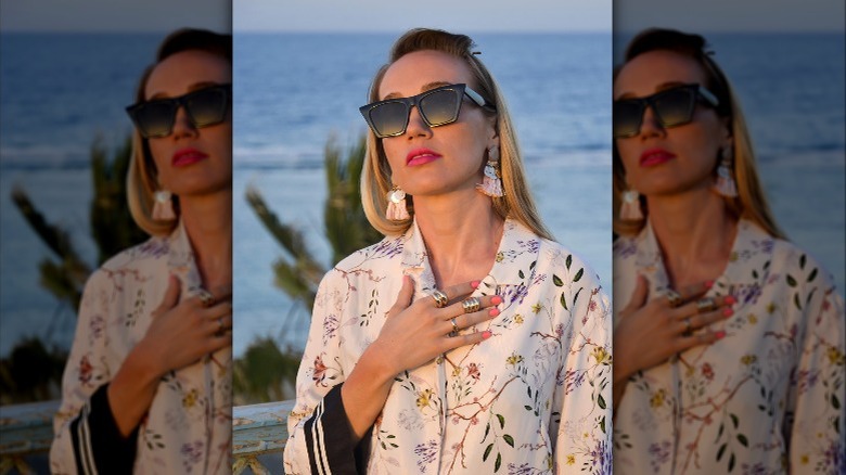 Woman wearing pajamas and jewelry