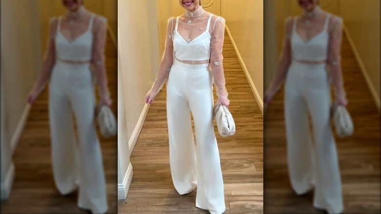 Bridal jumpsuit with sheer sleeves