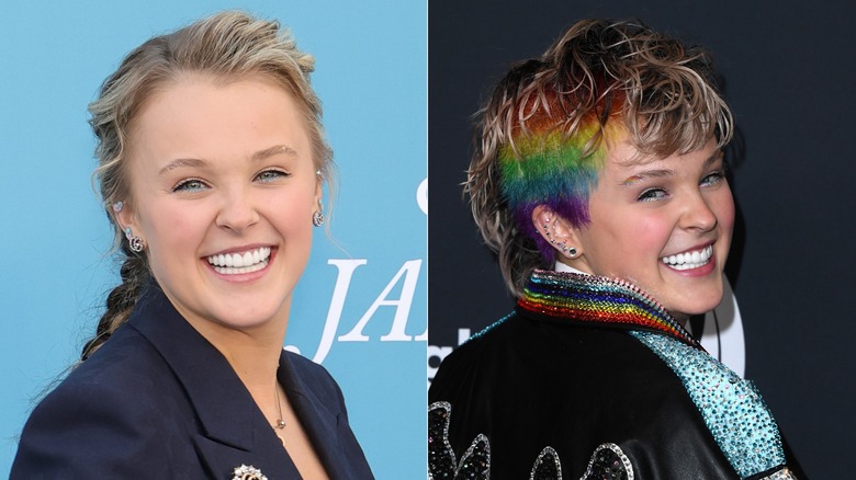 Jojo Siwa before and after getting an ill-fitting rainbow mohawk