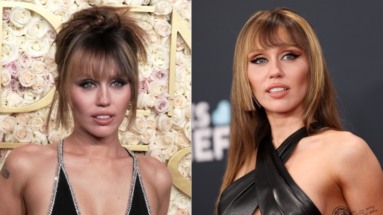 Miley Cyrus before and after her bad haircut which had three unblended layers and colors