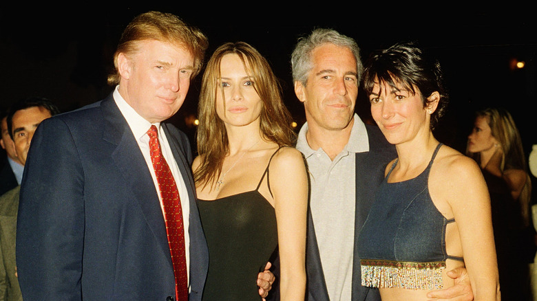 Donald Trump holding Melania's waist while posing with Jeffrey Epstein and Ghislaine Maxwell