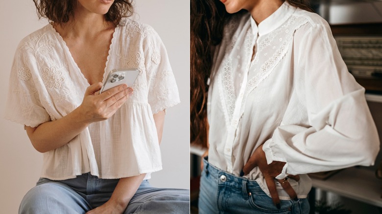 Side-by-side of women wearing white embroidered shirts with jeans.