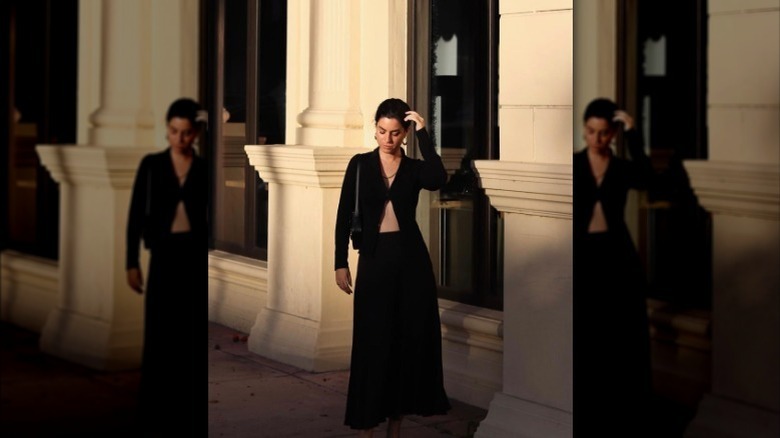 black cardigan and skirt