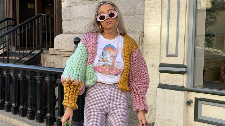 woman wearing knit chunky cardigan