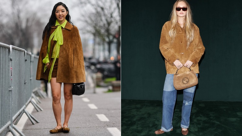 Side by side image of a woman wearing suede ballet flats with a suede cape and skirt, next to a woman wearing jeans and suede ballet flats with a suede jacket