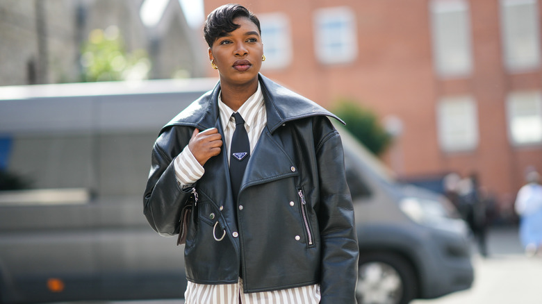 woman in leather jacket