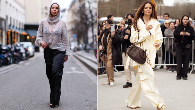 Woman wearing hooded sweater and black cargo pants on the left and Katie Holmes wearing a pale-yellow pair of cargo pants on the right