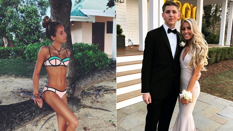 A side-by-side photo of Alix Earle in high school, with her wearing a peach-and-green bikini on the left and a white prom dress on the right
