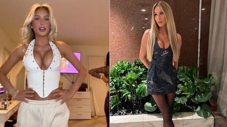 Alix Earle posing in a white two-piece outfit on the left and a black minidress on the right
