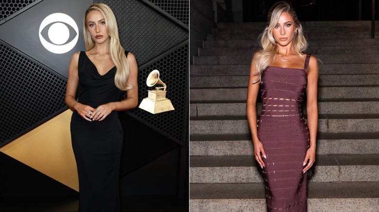 Alix Earle attends the 2024 Grammys and the CFDA awards in a black dress and a maroon dress, respectively