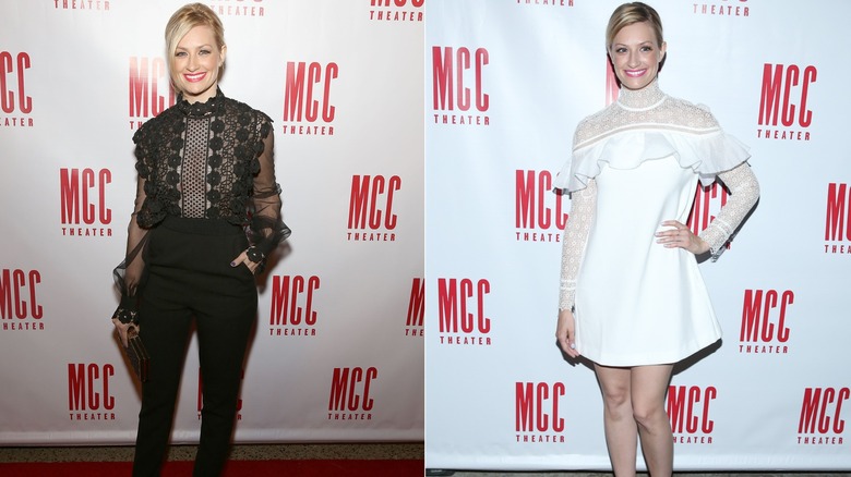 Beth Behrs wearing a black dress and a white dress in 2016.