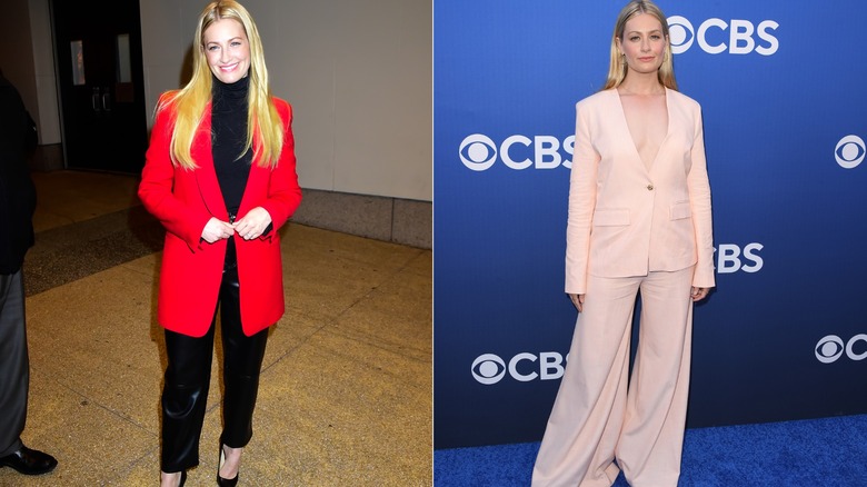 Beth Behrs wearing a red jacket in 2023 and a light-pink suit in 2024.