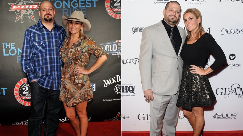 Brandi Passante wearing a minidress and an all-black outfit while posing with Jarrod Schulz on two red carpets