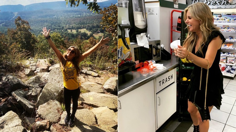 Brandi Passante wearing a yellow T-shirt while hiking and wearing a black minidress