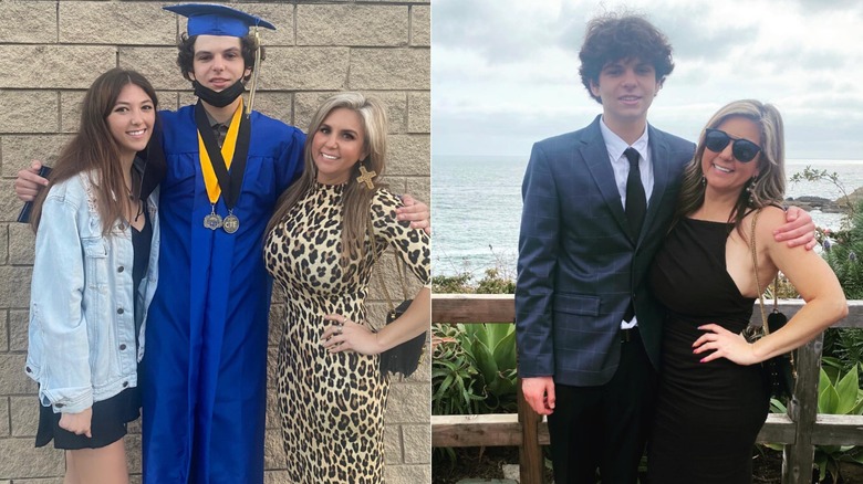 Brandi Passante posing with her children in a leopard-print dress and a black dress