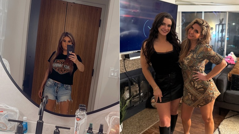 Brandi Passante taking a selfie in a black T-shirt and wearing a pattered minidress