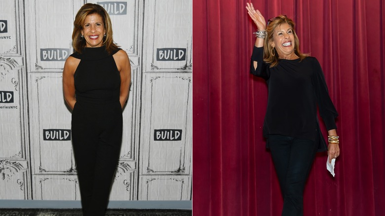 Hoda Kotb in 2019 on the red carpet and in front of a red curtain.