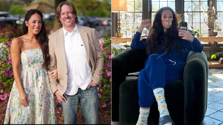 Joanna Gaines in a floral dress and in a tracksuit