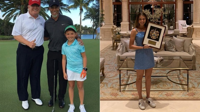 Donald Trump, Tiger Woods, and Kai Trump; Kai Trump holding up a golfing award