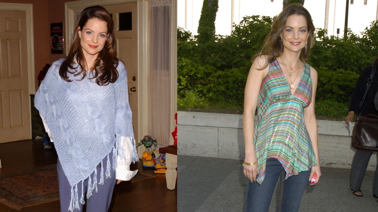 Kimberly Williams-Paisley wears a knit poncho on the set of According to Jim and wears a V-neck tunic over jeans at an outdoor event