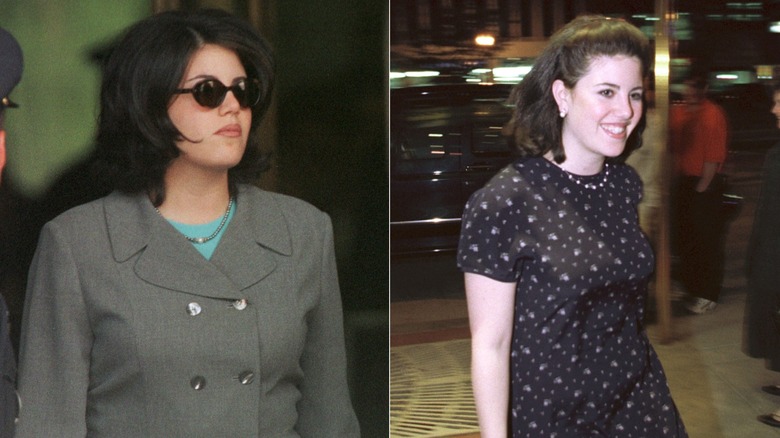 Monica Lewinsky in 1998 wearing glasses and a dress