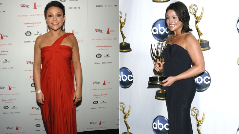 Rachael Ray wearing a red dress in 2007 and a dark-blue dress in 2008.