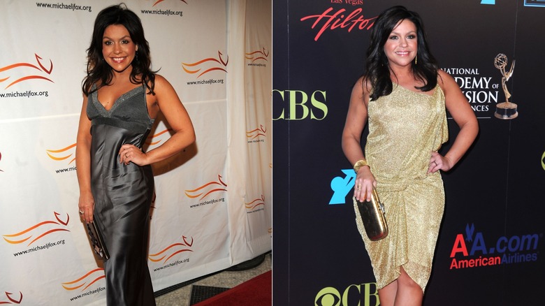 Rachael Ray wearing a gray dress in 2009 and a light, sparkly dress in 2010.