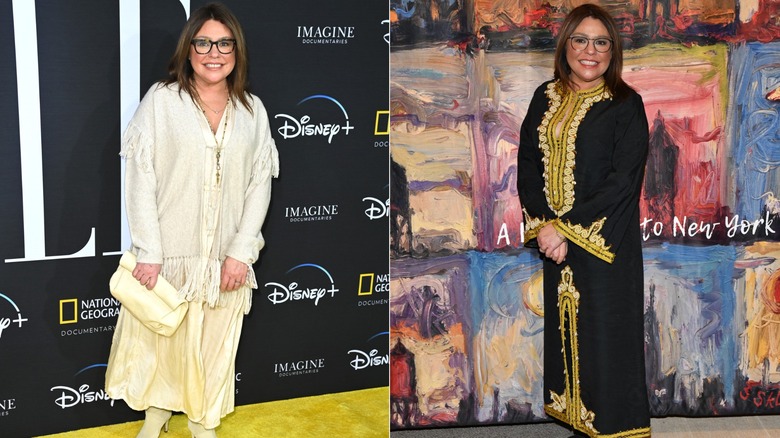 Rachael Ray wearing a white outfit and a black dress in 2022.