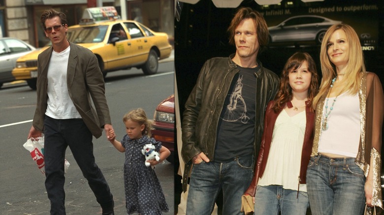 Kevin Bacon walking with his toddler Sosie Bacon and Kevin Bacon, Sosie Bacon, and Kyra Sedwick attending a red carper premiere in 2005