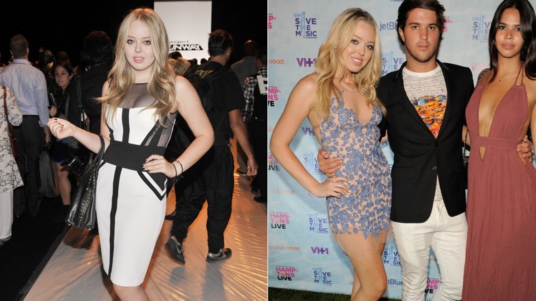 Tiffany Trump posing in a white midi dress and a blue sheer mini