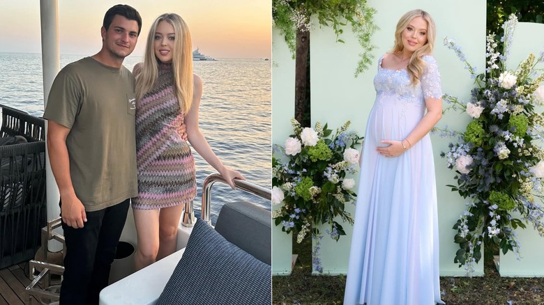 Tiffany Trump wearing a summer dress next to Michael Boulos, and in a blue maternity dress