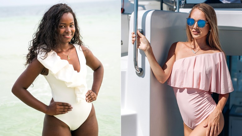 Two woman in ruffled swimsuits