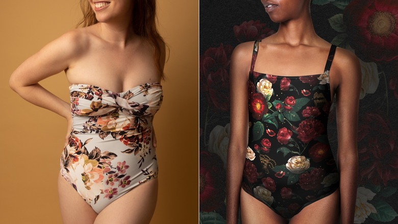 Two models in vintage floral swimsuits