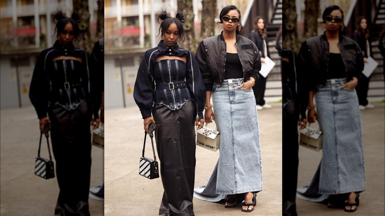 Two women wearing long maxi skirts