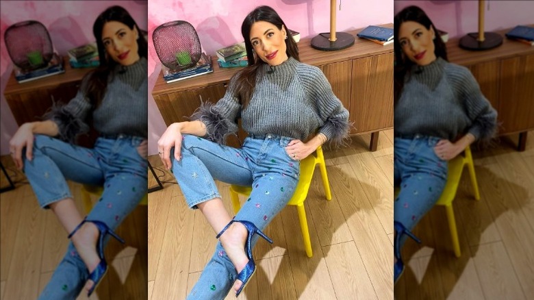 Multicolored crystals on jeans