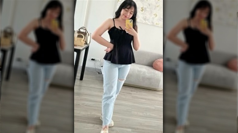 Peplum top with jeans and sneakers