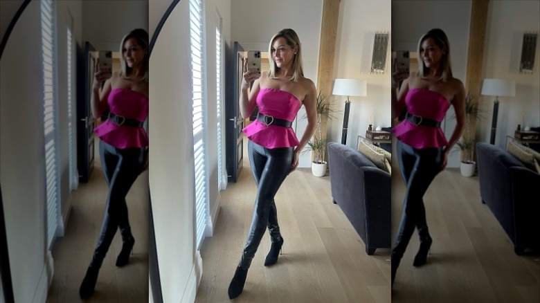 Strapless peplum top leather pants