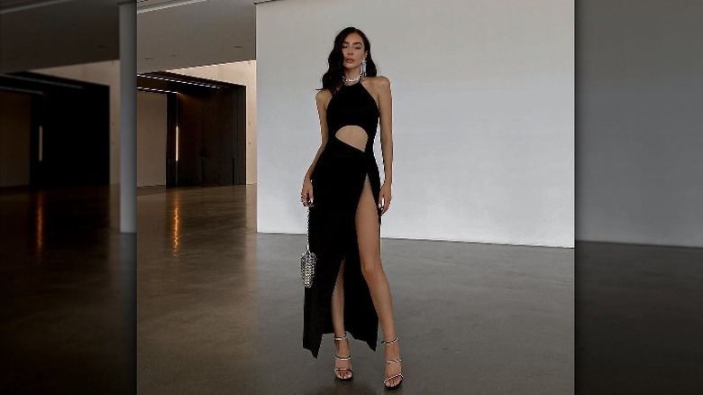 woman in black cutout dresss