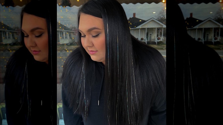 Black hair with rainbow tinsel