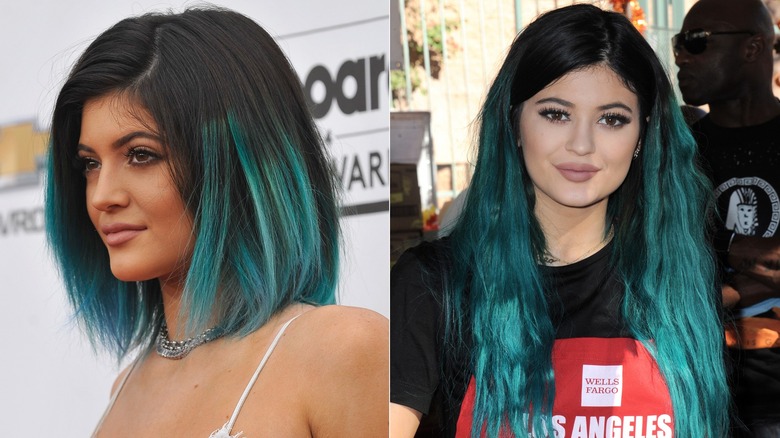 Kylie Jenner with teal dip hair