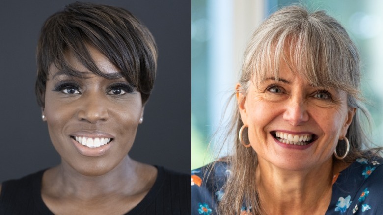 Two women show off hairstyles that can minimize the look of wrinkles