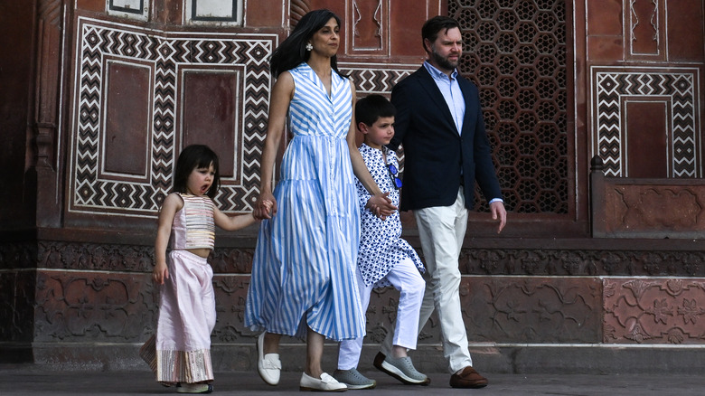 Usha Vance wearing a lovely blue-and-white sundress