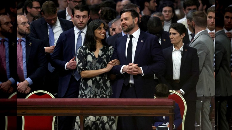 Usha Vance wearing an ash and black dress during her vacation