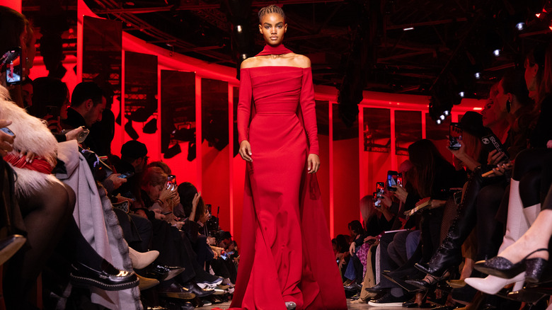 Elie Saab red off-shoulder maxi dress