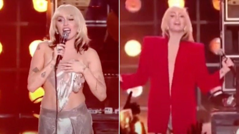 Miley Cyrus loses her shirt on stage in 2021