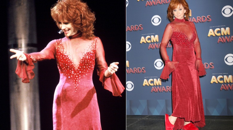 Reba McEntire wearing and re-wearing the red dress in 2018