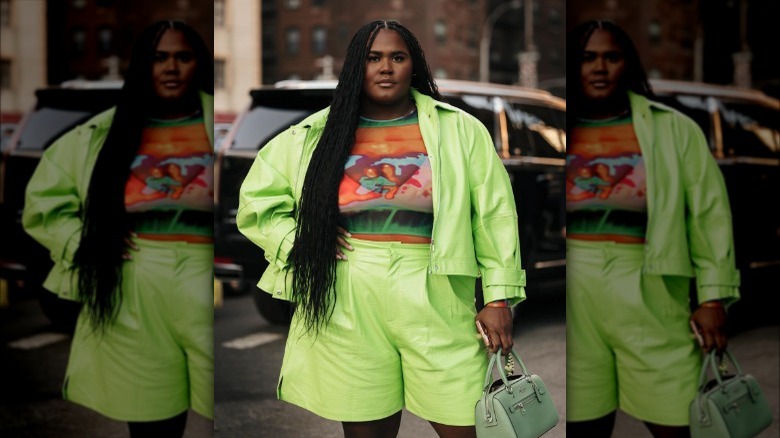 woman in lime faux leather